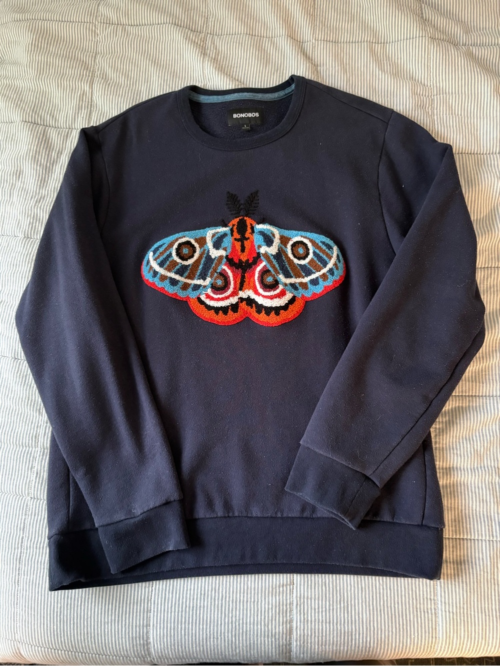 Bonobos Navy Crewneck Sweater with Colorful Moth Embroidery